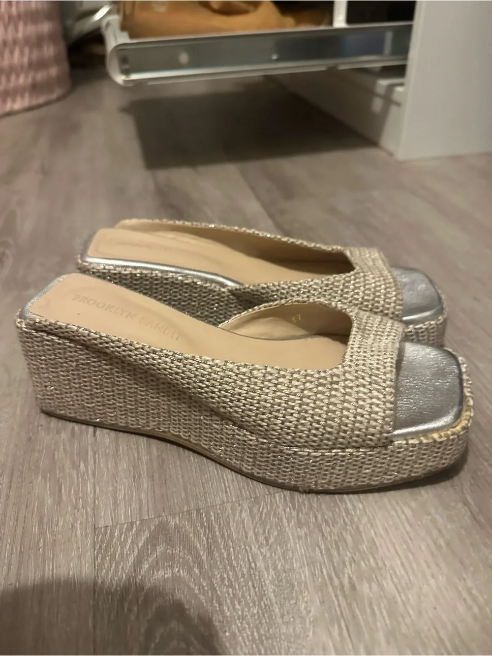 Beige Woven Platform Slide Sandals with Silver Toe - Unbranded